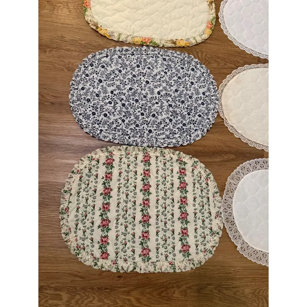 Lot of 8 Vintage Quilted Oval Table Placemats Doilies Lace Floral Cottage
